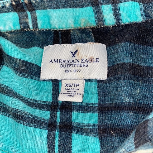 American Eagle plaid flannel long sleeve button up shirt acid wash blue black XS - Picture 9 of 11